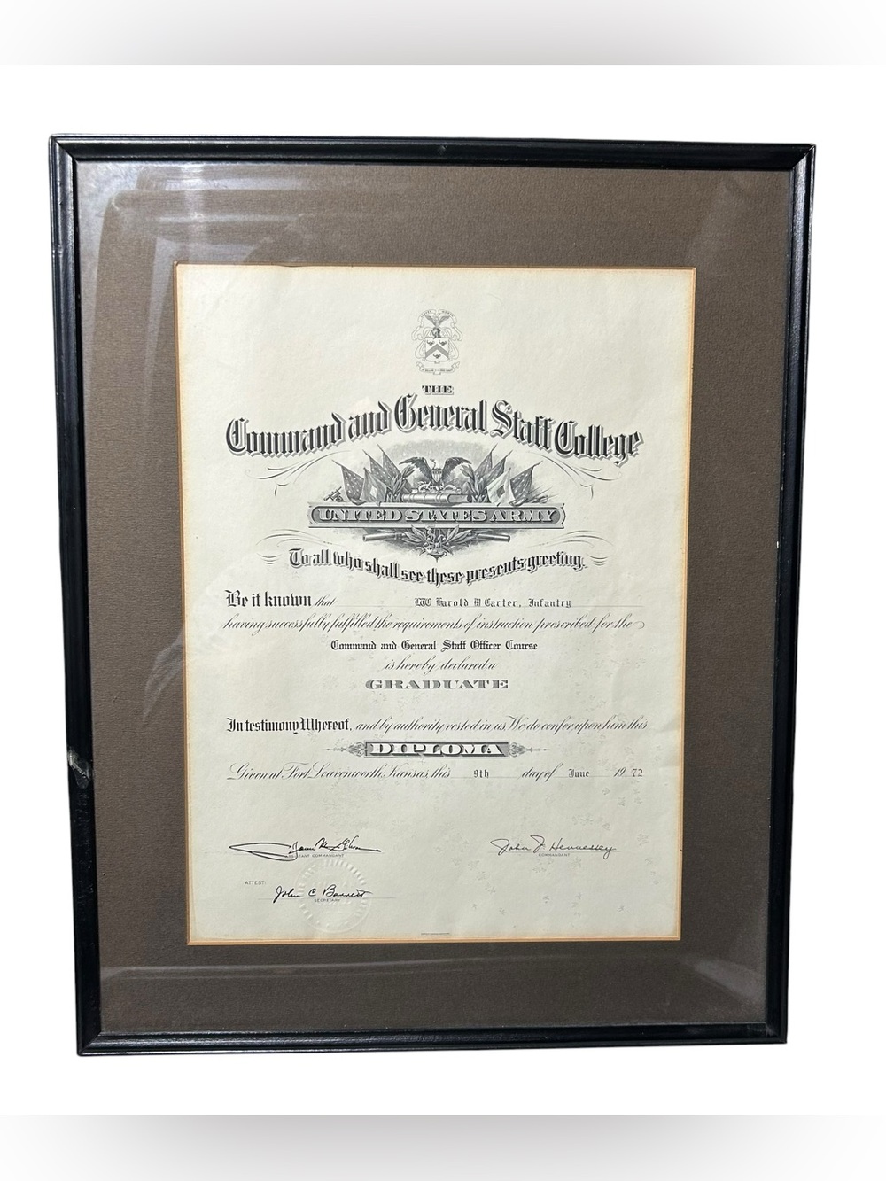 US Army Command & General Staff College Diploma Harold M Carter Infantry 1972